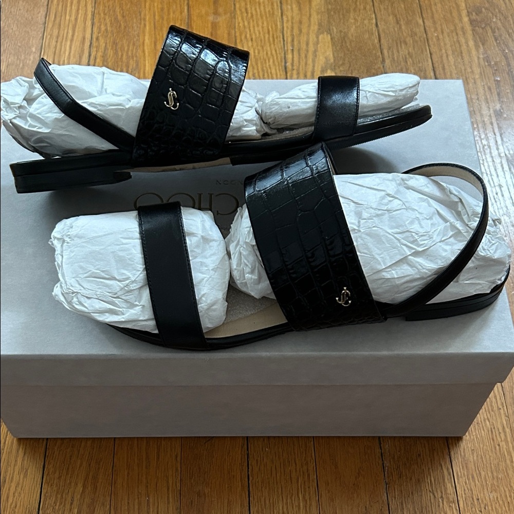 JIMMY CHOO Black Leather Seia Flat Sandals - Picture 6 of 7